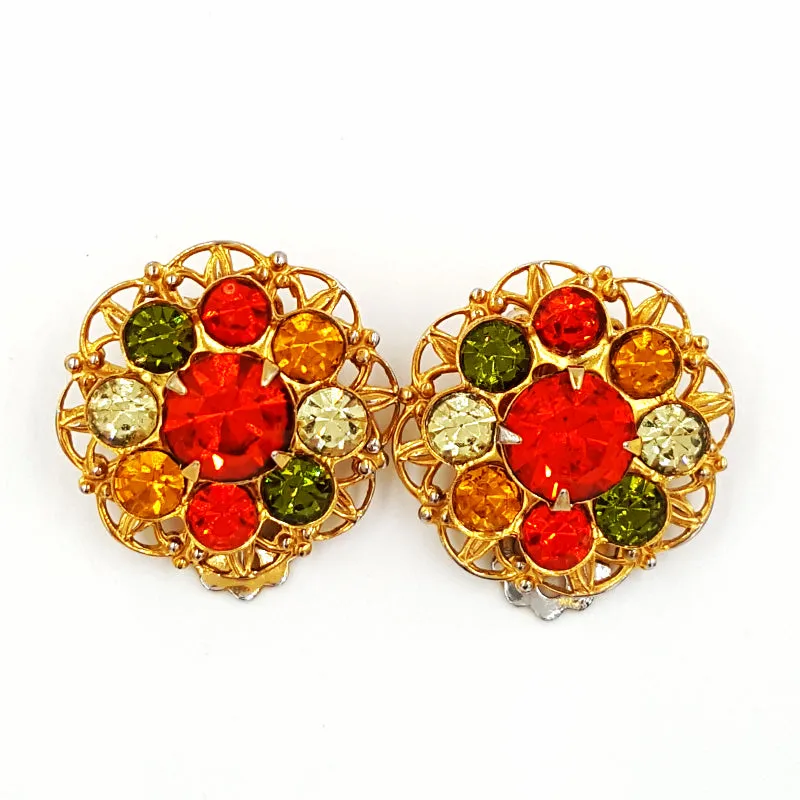 Vintage Rhinestone Brooch and Earring Set  Retro Yellow Orange and Green Flower Pin