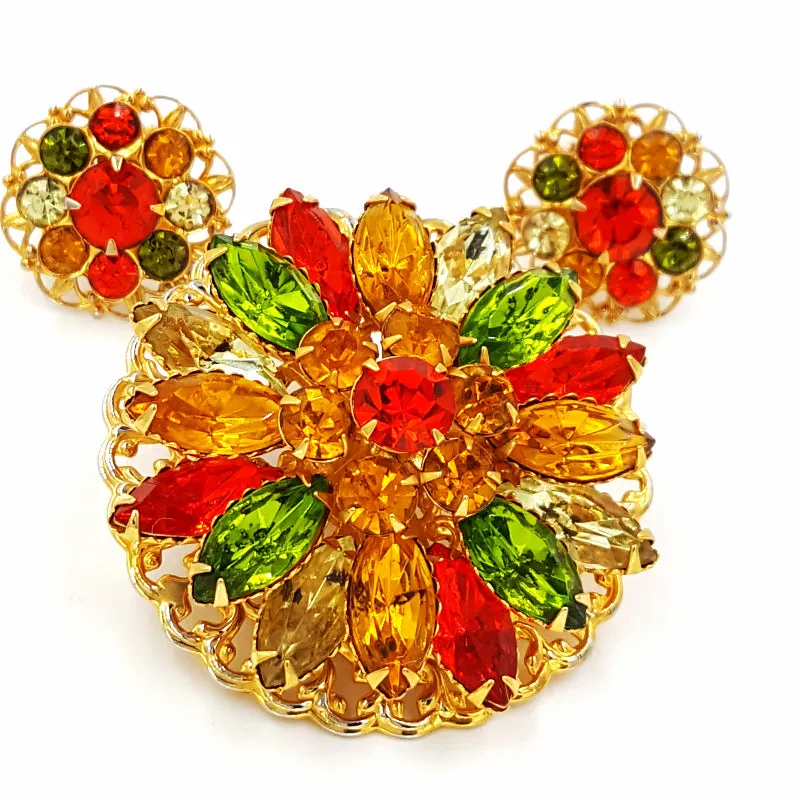 Vintage Rhinestone Brooch and Earring Set  Retro Yellow Orange and Green Flower Pin