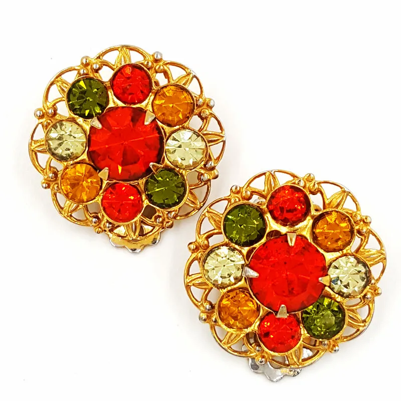 Vintage Rhinestone Brooch and Earring Set  Retro Yellow Orange and Green Flower Pin
