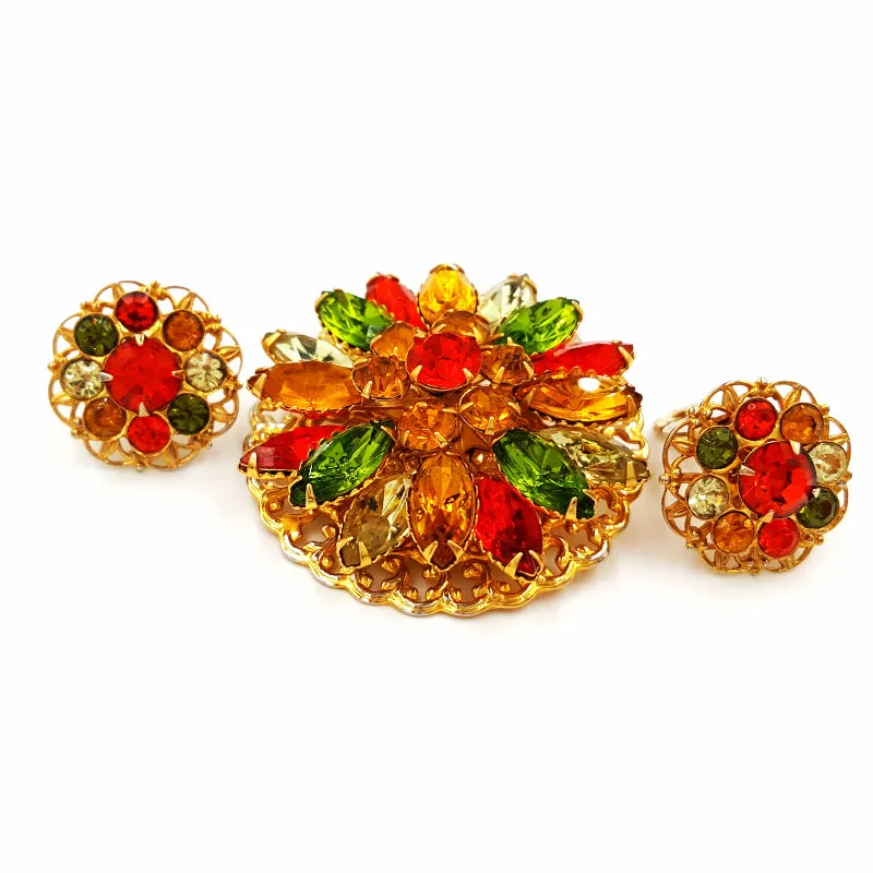 Vintage Rhinestone Brooch and Earring Set  Retro Yellow Orange and Green Flower Pin