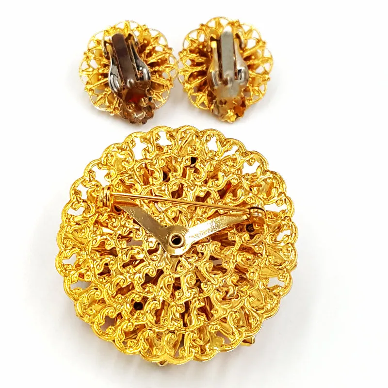 Vintage Rhinestone Brooch and Earring Set  Retro Yellow Orange and Green Flower Pin