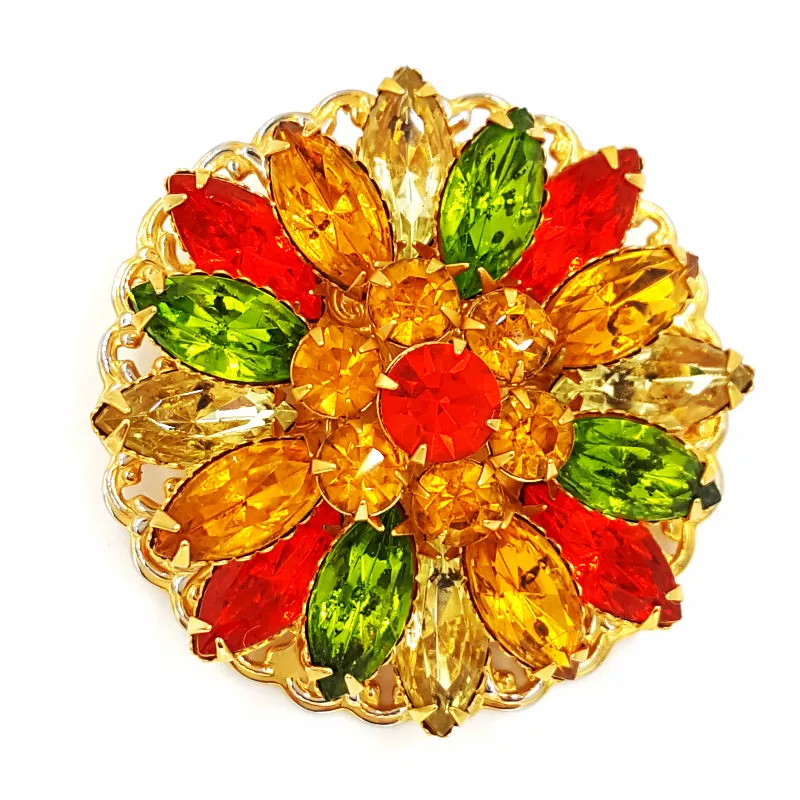Vintage Rhinestone Brooch and Earring Set  Retro Yellow Orange and Green Flower Pin