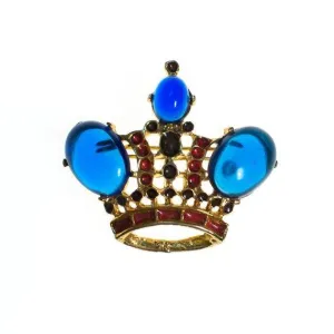 Vintage Royal Gold Crown Brooch with Sapphire Blue Cabochons and Red and Gray Enamel Accents