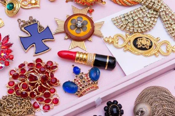 Vintage Royal Gold Crown Brooch with Sapphire Blue Cabochons and Red and Gray Enamel Accents