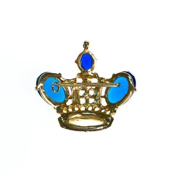 Vintage Royal Gold Crown Brooch with Sapphire Blue Cabochons and Red and Gray Enamel Accents