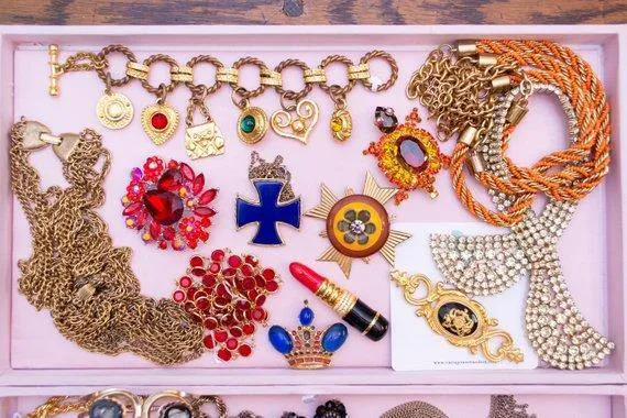 Vintage Royal Gold Crown Brooch with Sapphire Blue Cabochons and Red and Gray Enamel Accents