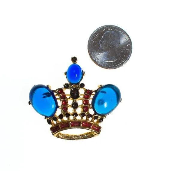 Vintage Royal Gold Crown Brooch with Sapphire Blue Cabochons and Red and Gray Enamel Accents
