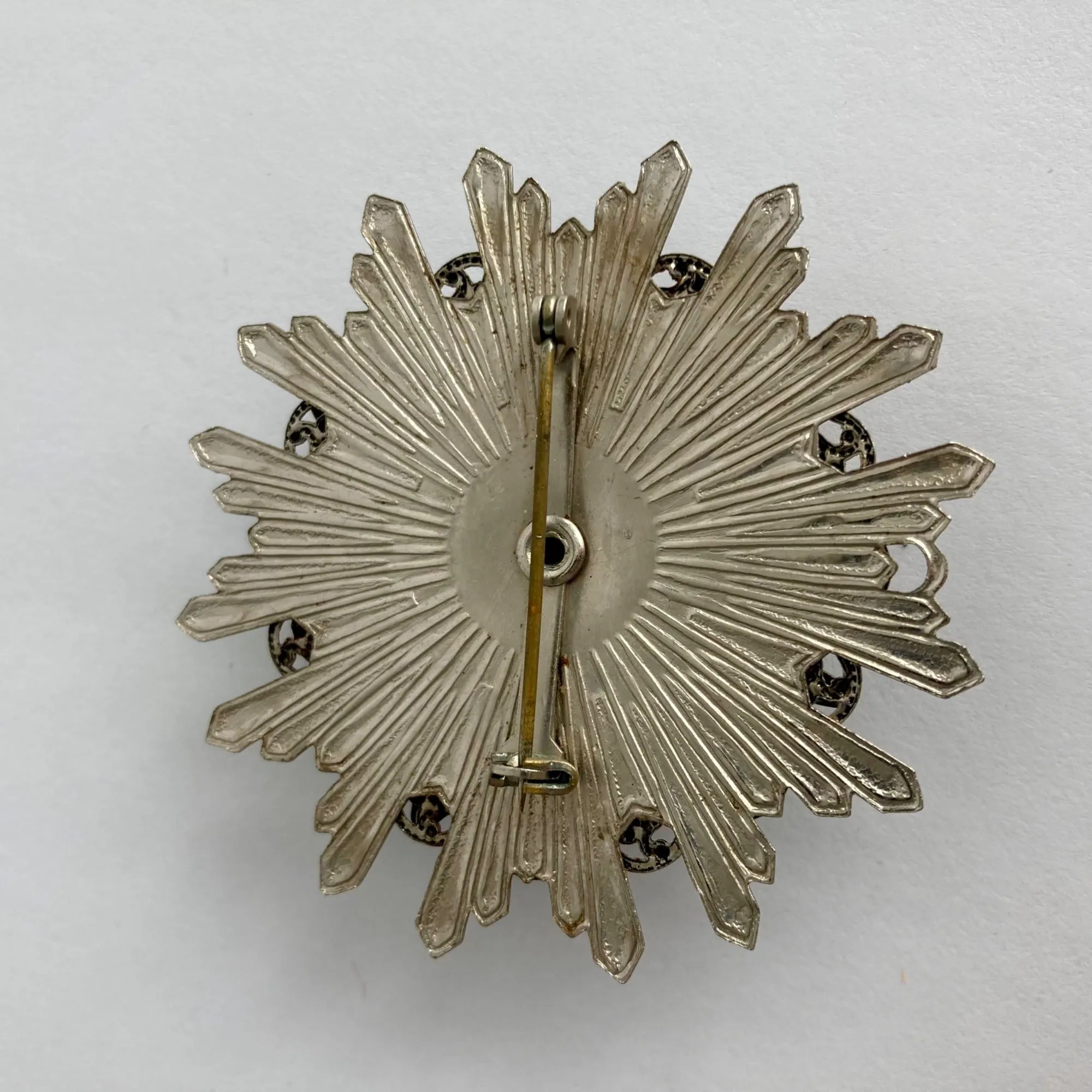 Vintage Silver & Black Floral Starburst Snowflake Brooch Black Stone Unsigned
