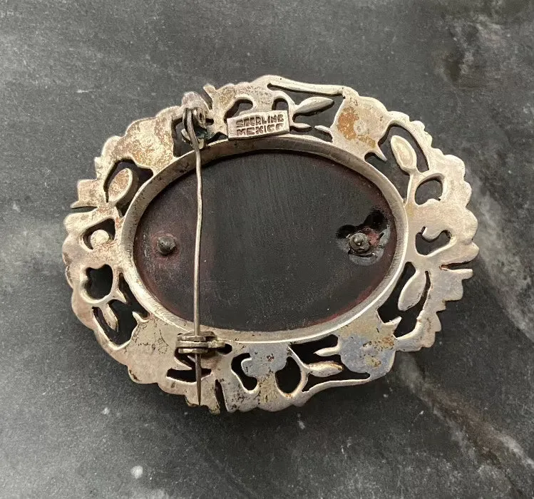 Vintage silver onyx turquoise bird urn brooch