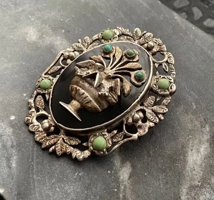Vintage silver onyx turquoise bird urn brooch