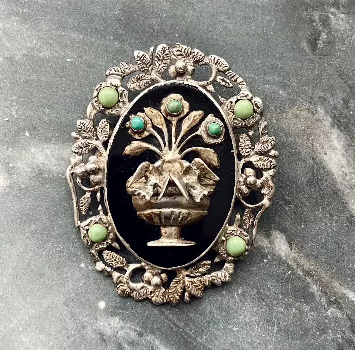 Vintage silver onyx turquoise bird urn brooch