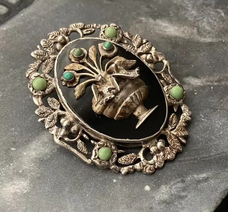 Vintage silver onyx turquoise bird urn brooch