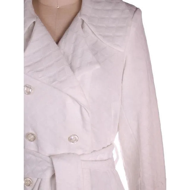 Vintage Textured White Poly Knit Trench Coat 1970s 44-42-52