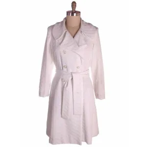 Vintage Textured White Poly Knit Trench Coat 1970s 44-42-52