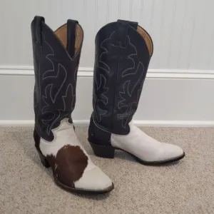 Vintage West Post Cowhide Hair On Womens 6.5 M Justin Cowboy Boots Black White