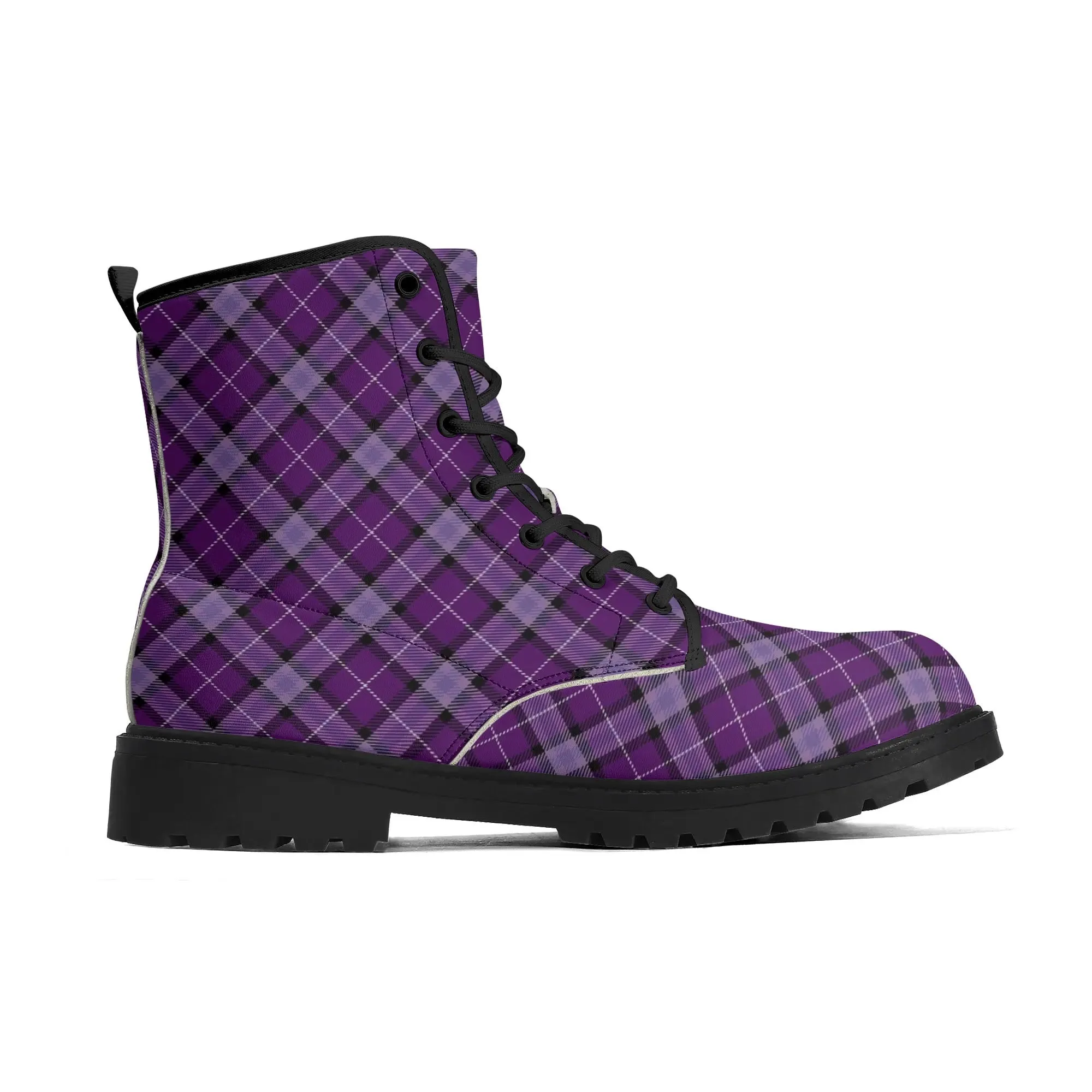 Violet Purple Plaid  Womens Vegan Combat Boots