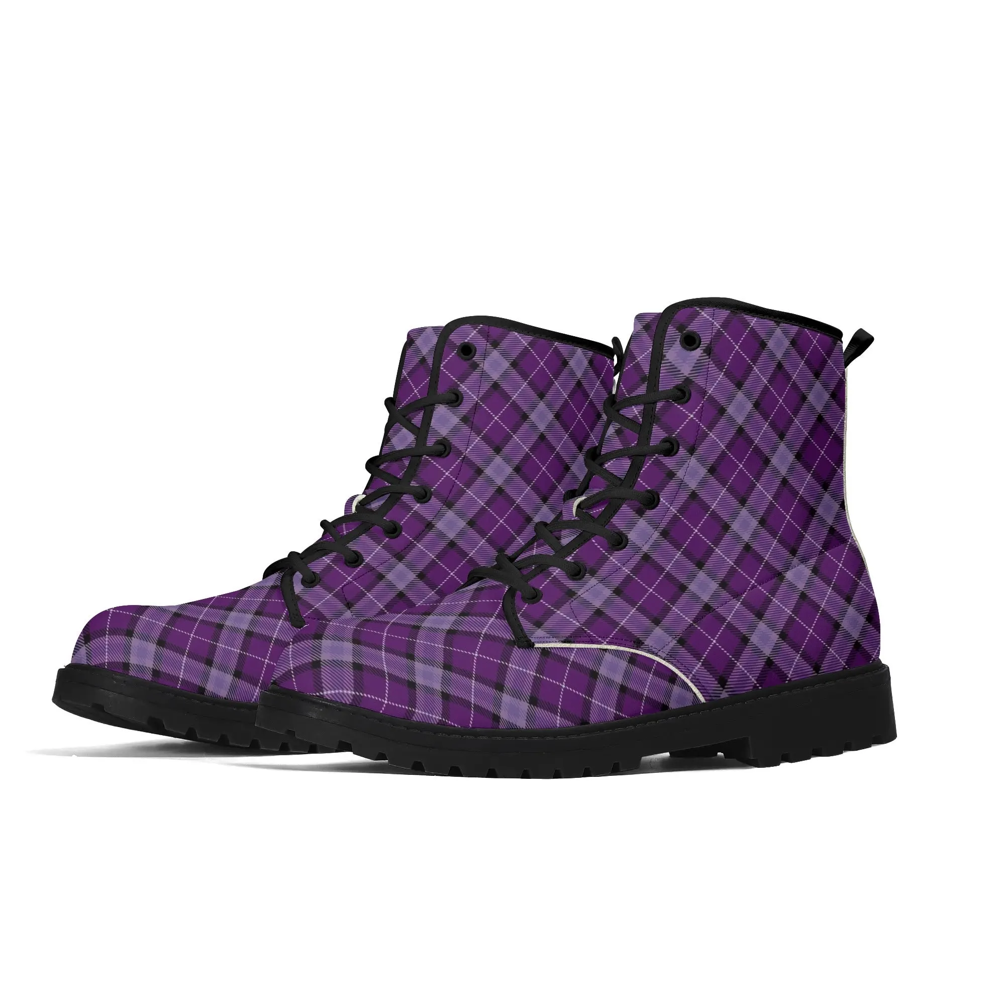 Violet Purple Plaid  Womens Vegan Combat Boots