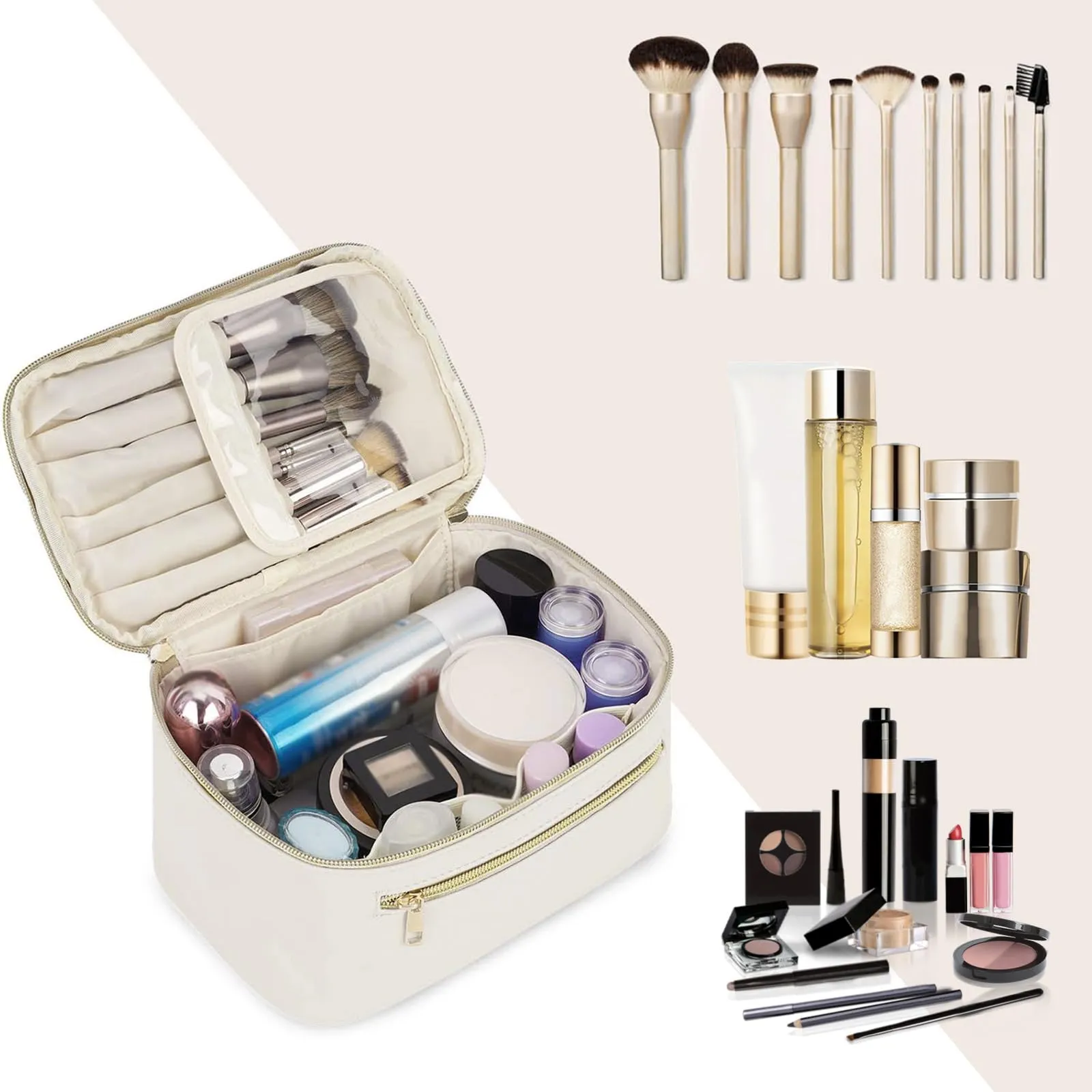 Wandering Nature Makeup Bag, Travel Make Up Organizer Cosmetic Brush Bags Case for Women in Vegan Leather, Milky White, Patent Pending