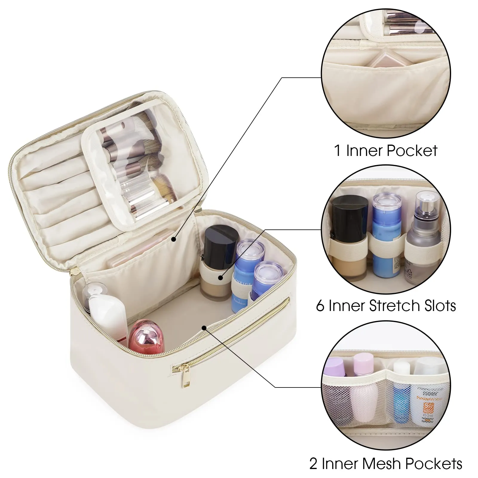 Wandering Nature Makeup Bag, Travel Make Up Organizer Cosmetic Brush Bags Case for Women in Vegan Leather, Milky White, Patent Pending