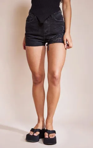 Washed Black Ripped Denim Mom Shorts