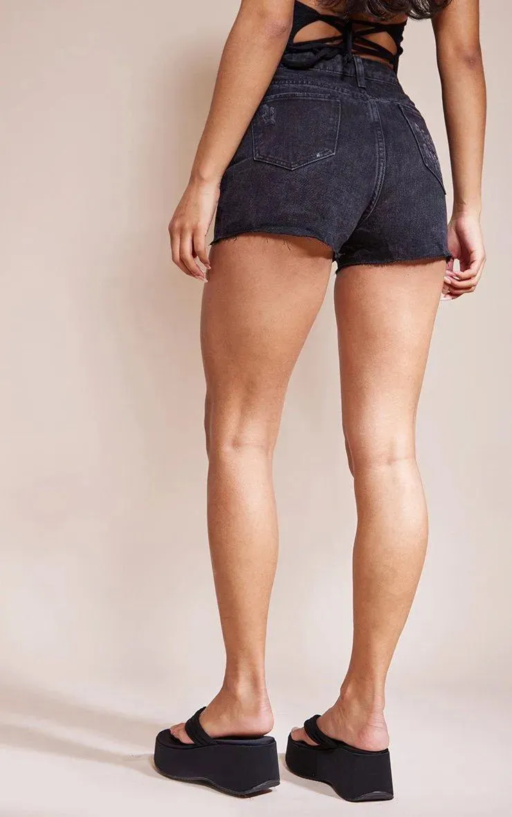 Washed Black Ripped Denim Mom Shorts