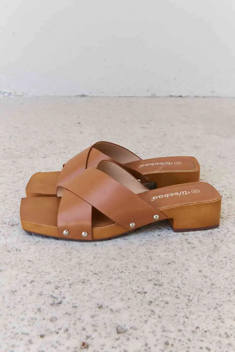 Weeboo Step Into Summer Criss Cross Wooden Clog Mule in Brown Sandals