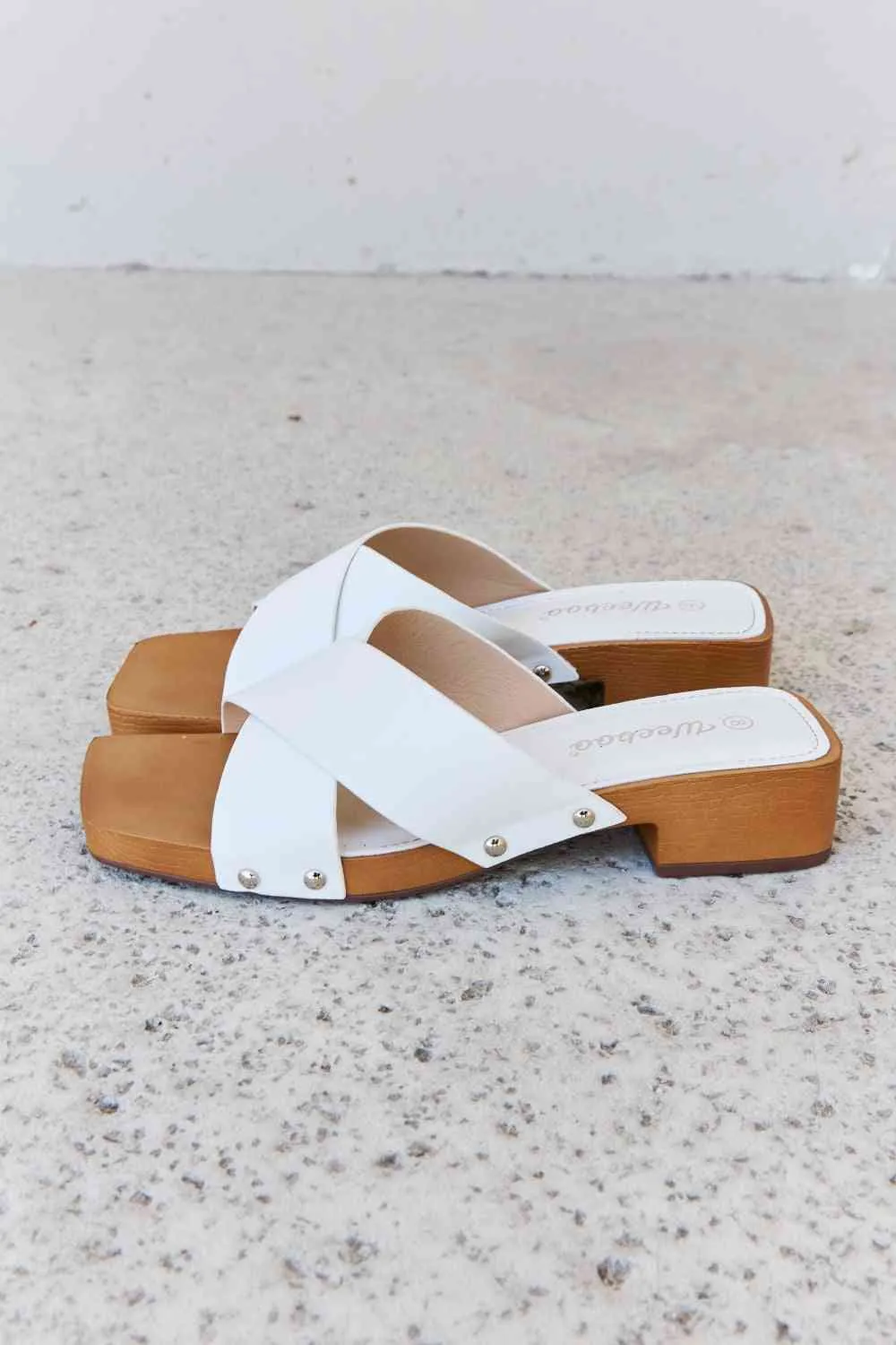 Weeboo Step Into Summer Criss Cross Wooden Clog Mule in White Sandals