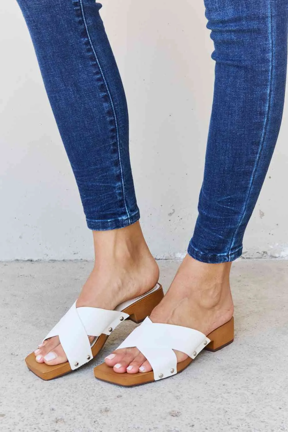 Weeboo Step Into Summer Criss Cross Wooden Clog Mule in White Sandals