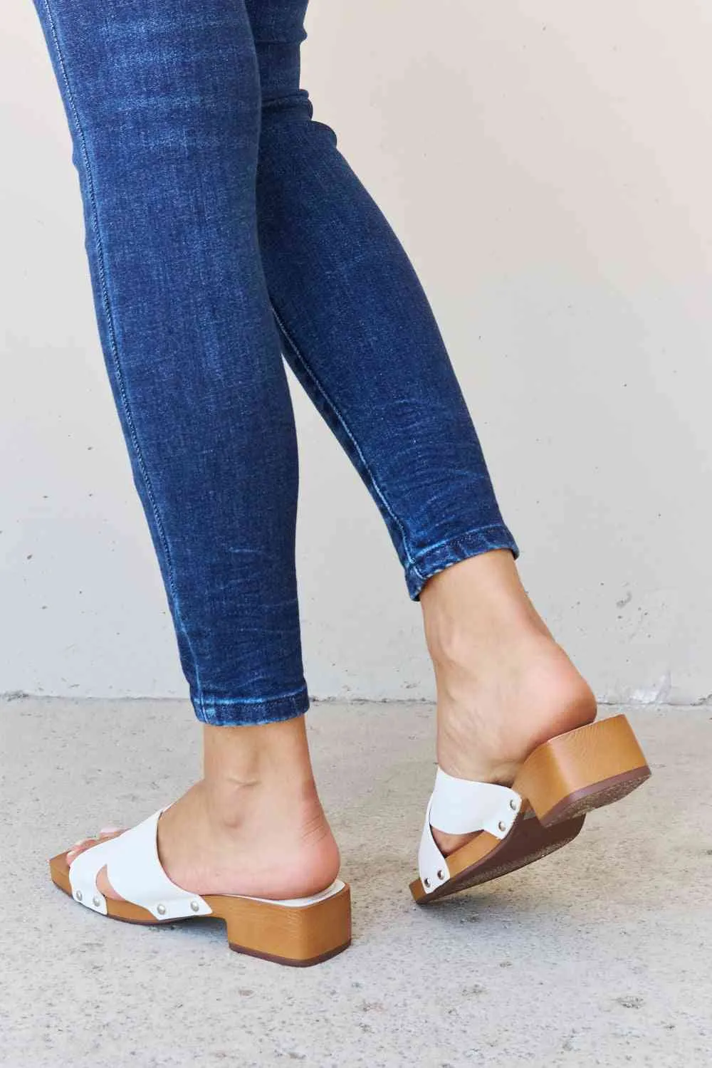 Weeboo Step Into Summer Criss Cross Wooden Clog Mule in White Sandals