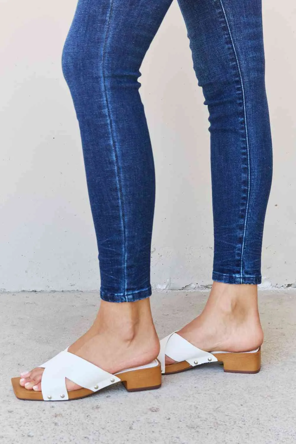 Weeboo Step Into Summer Criss Cross Wooden Clog Mule in White Sandals