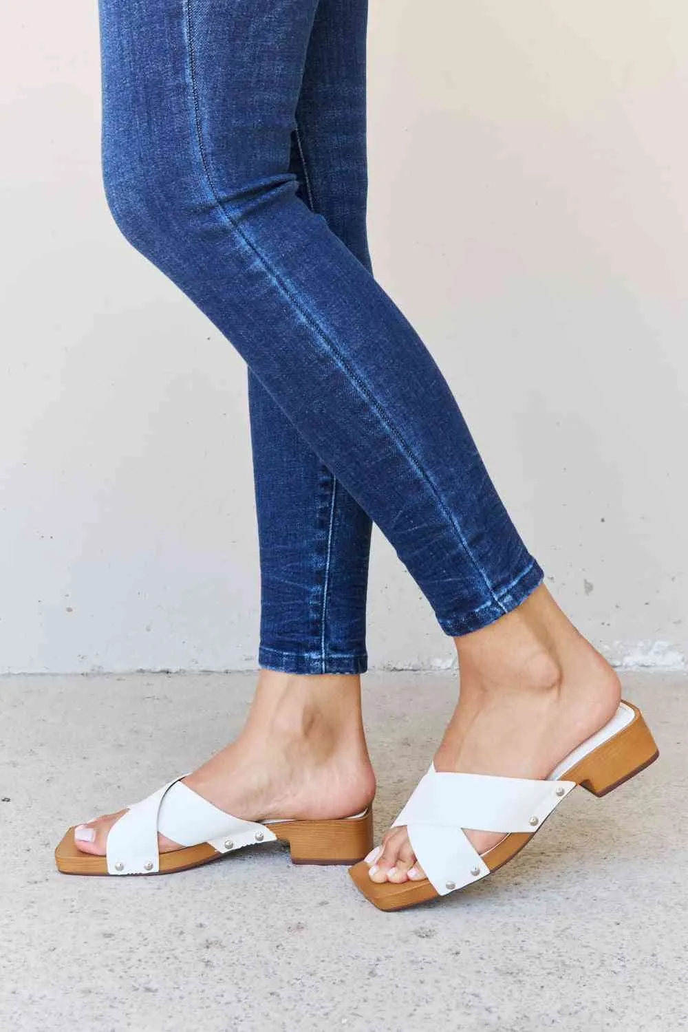 Weeboo Step Into Summer Criss Cross Wooden Clog Mule in White Sandals