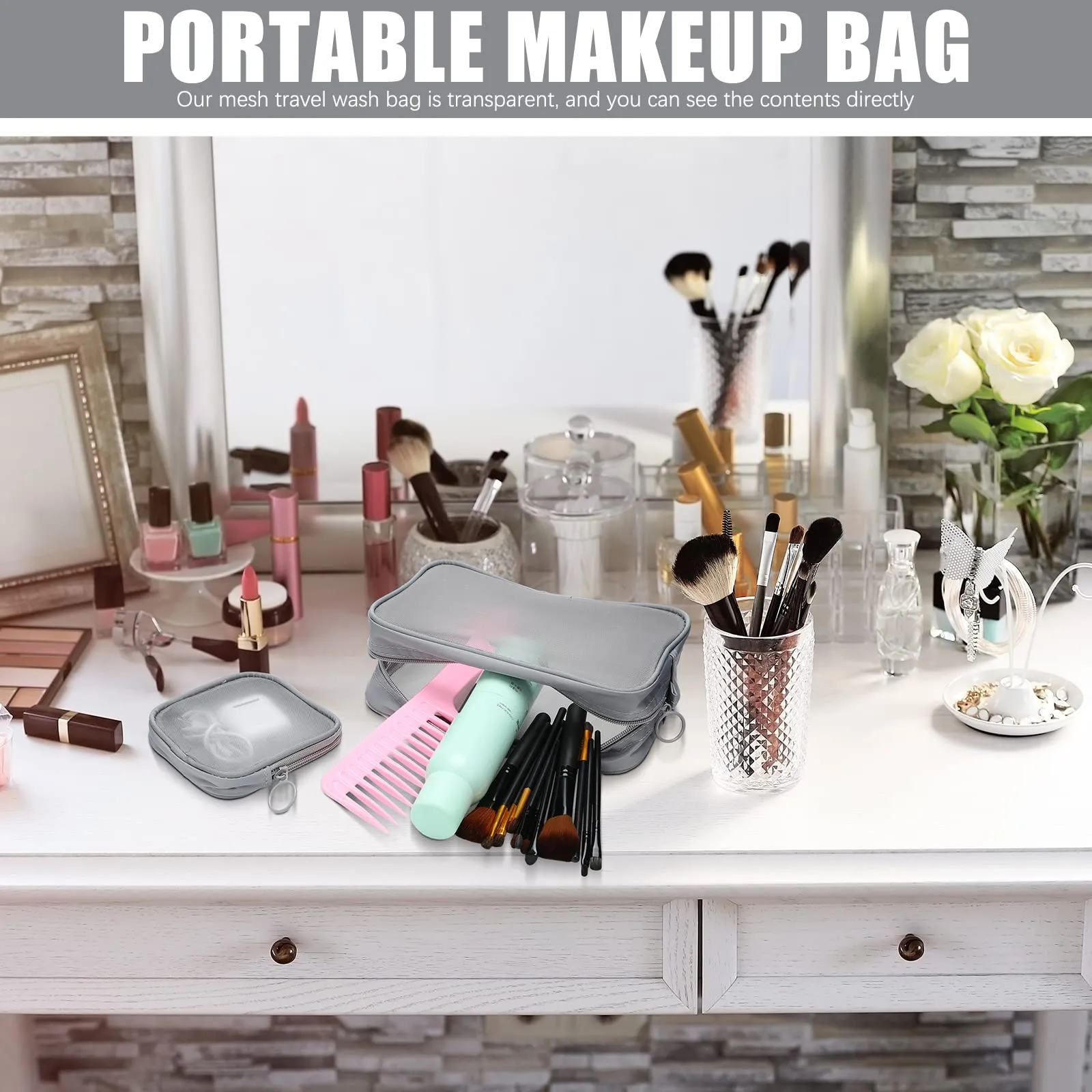 Weewooday 4 Pcs Mesh Makeup Bag Mesh Cosmetic Bag Travel Toiletry Pouch with Zipper Mini Makeup Cosmetic Purse for Daily Accessory(Small, Large, Medium,Gray)