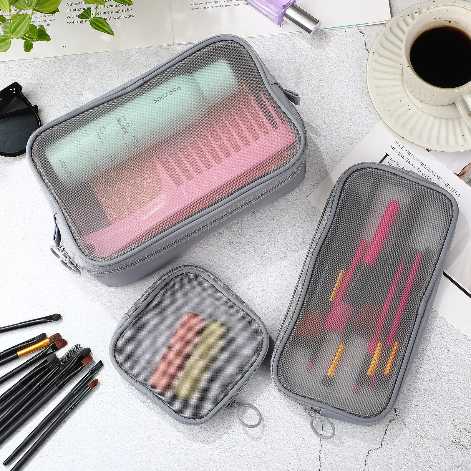 Weewooday 4 Pcs Mesh Makeup Bag Mesh Cosmetic Bag Travel Toiletry Pouch with Zipper Mini Makeup Cosmetic Purse for Daily Accessory(Small, Large, Medium,Gray)