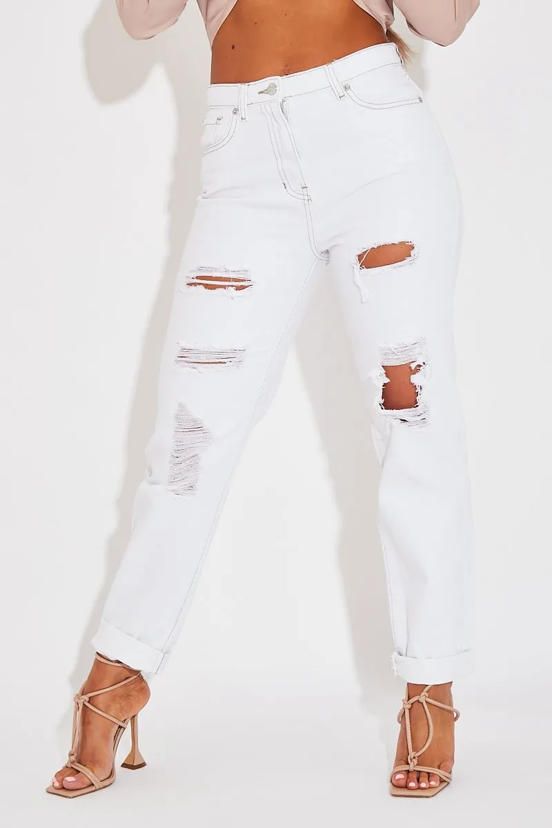 White Extremely Ripped Denim Mom Jeans - Ellynor