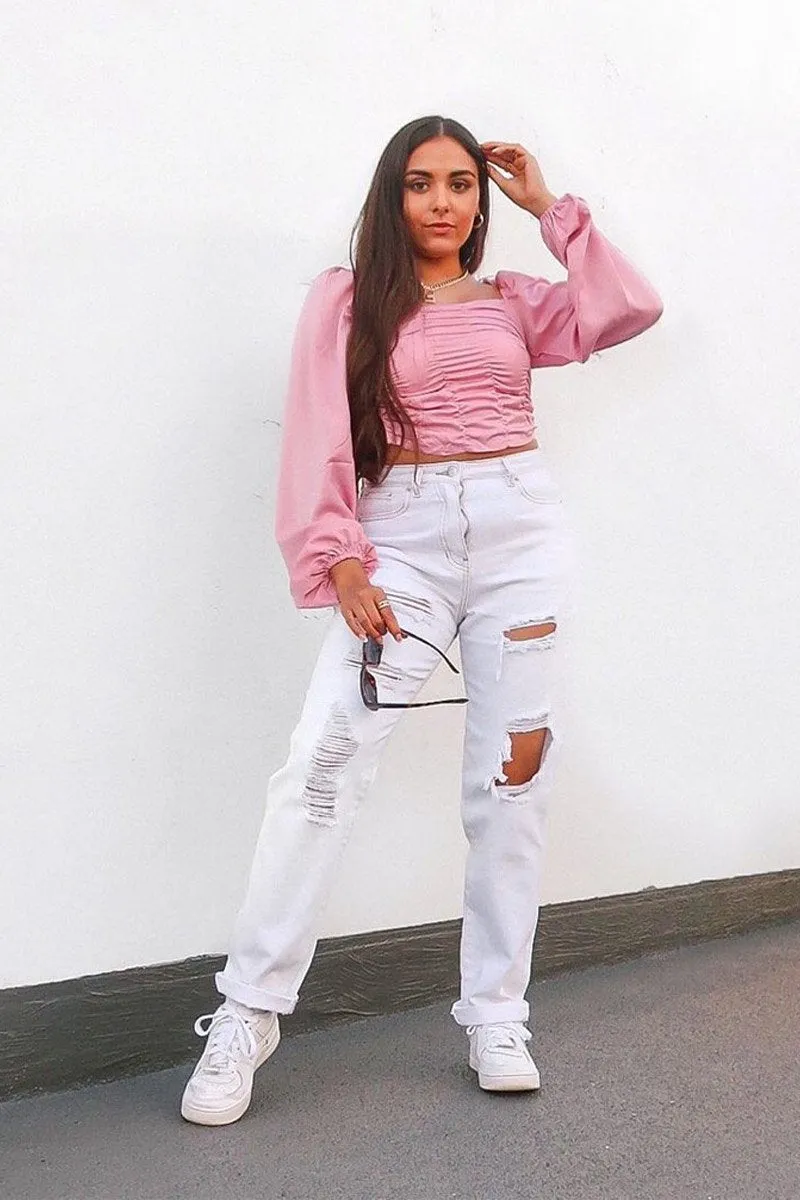 White Extremely Ripped Denim Mom Jeans - Ellynor