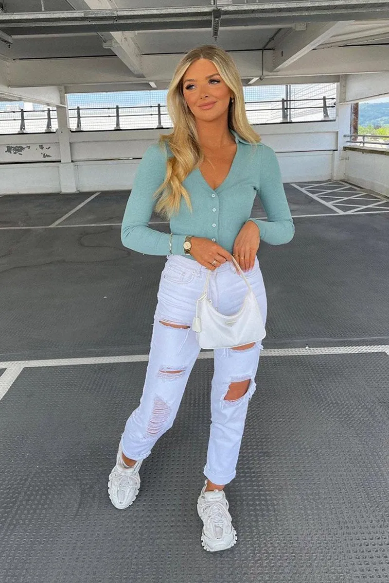 White Extremely Ripped Denim Mom Jeans - Ellynor