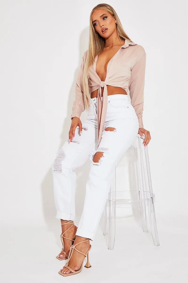 White Extremely Ripped Denim Mom Jeans - Ellynor