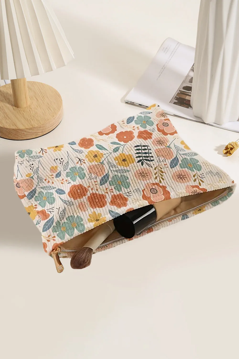 White Floral Print Zipper Corduroy Cosmetic Storage Bag