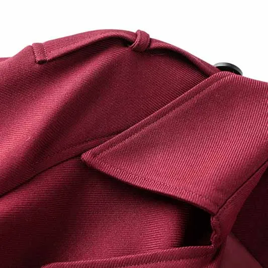 Women Burgundy Trench Coat With Sashes Double Breasted Long Coat