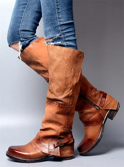 Women Knee High Boots Vinatge Winter Long Boots Genuine Leather Flat Riding Shoes Woman Platform Botas Militares