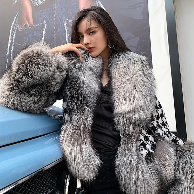 Women Luxury Fur Coats Winter Fashion Lattice Coats Real Fox Fur Jackets
