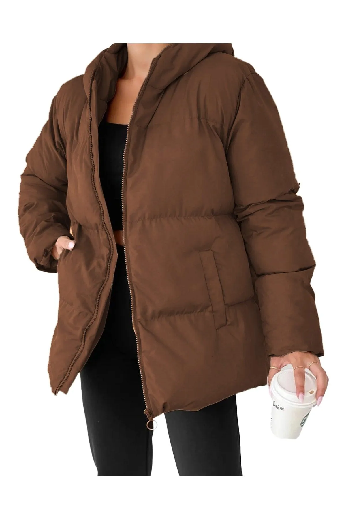Women's Brown Hooded Inflatable Coat