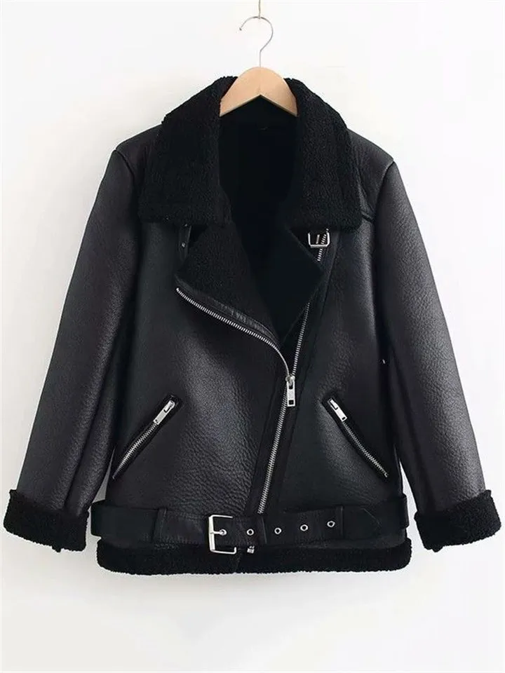 Women's Faux Lamb Wool Motorcycle Jacket with Zipper Pocket