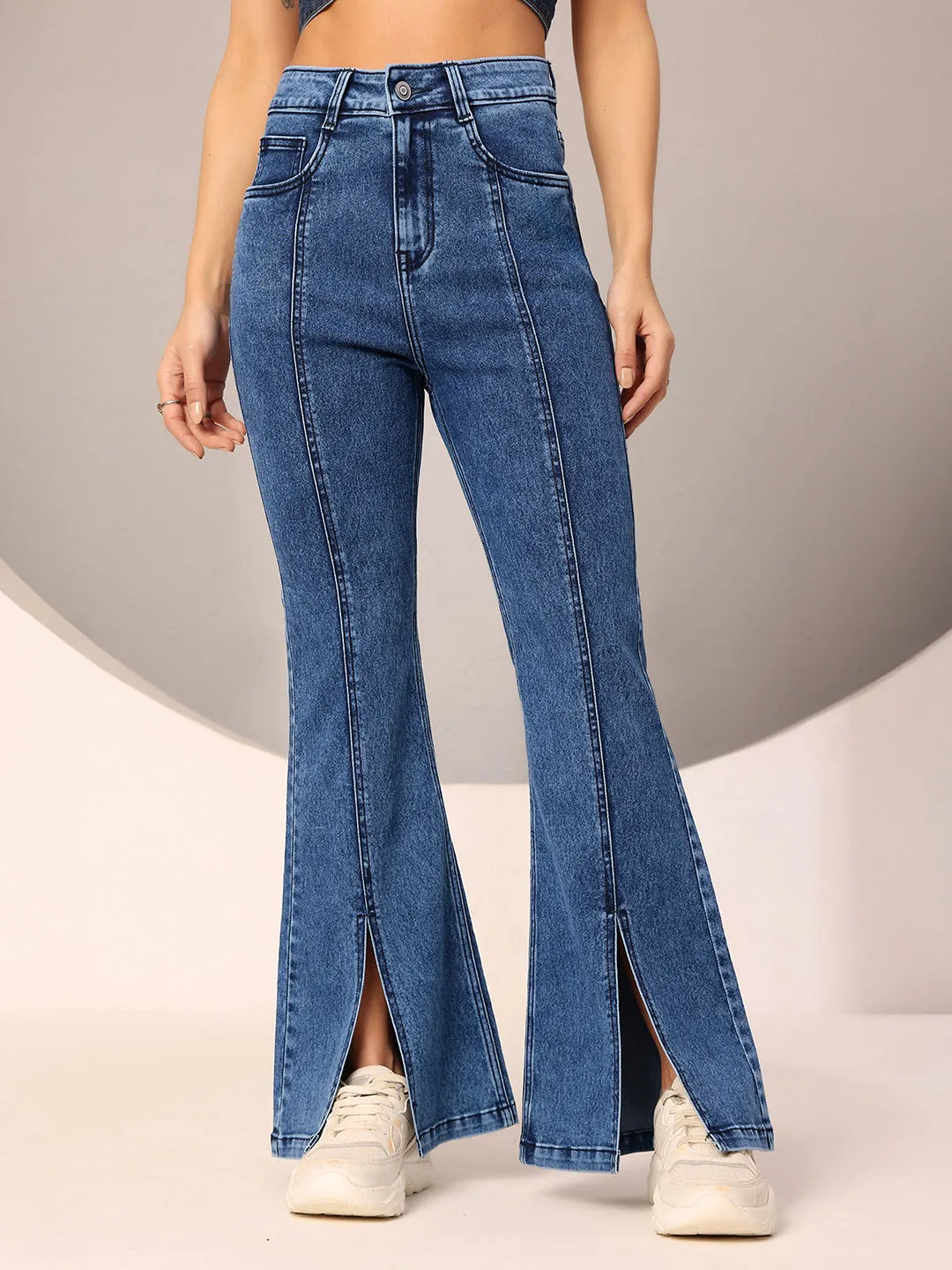 Women's Navy-Blue Bootcut High-Rise Clean-Look Regular-Length Stretchable Denim Bootcut Jeans