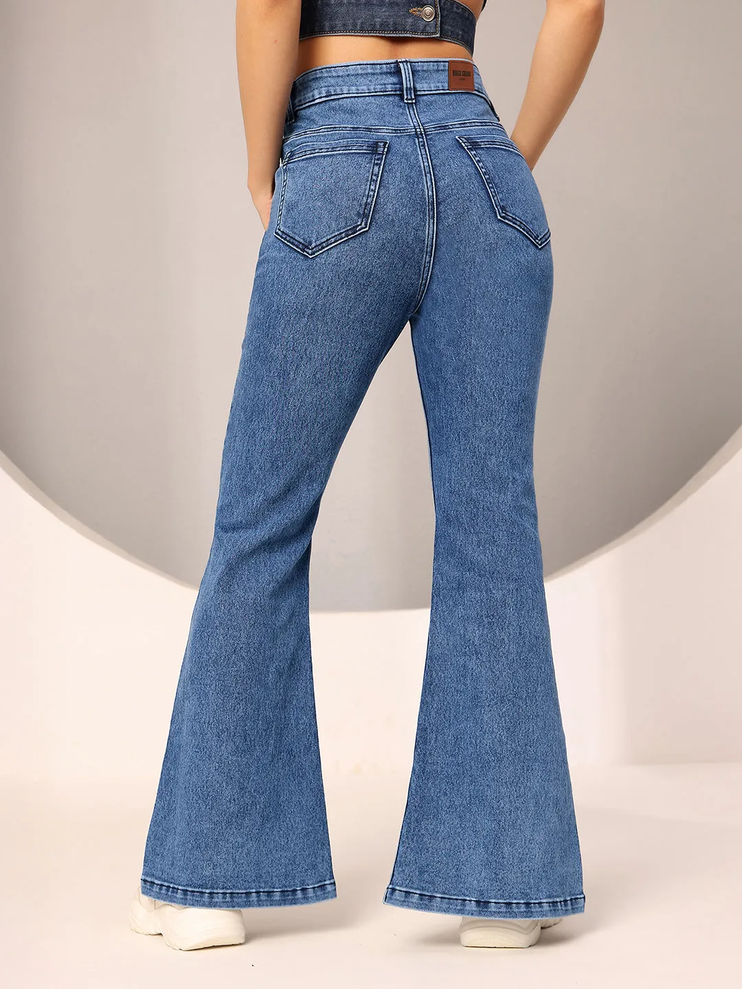 Women's Navy-Blue Bootcut High-Rise Clean-Look Regular-Length Stretchable Denim Bootcut Jeans
