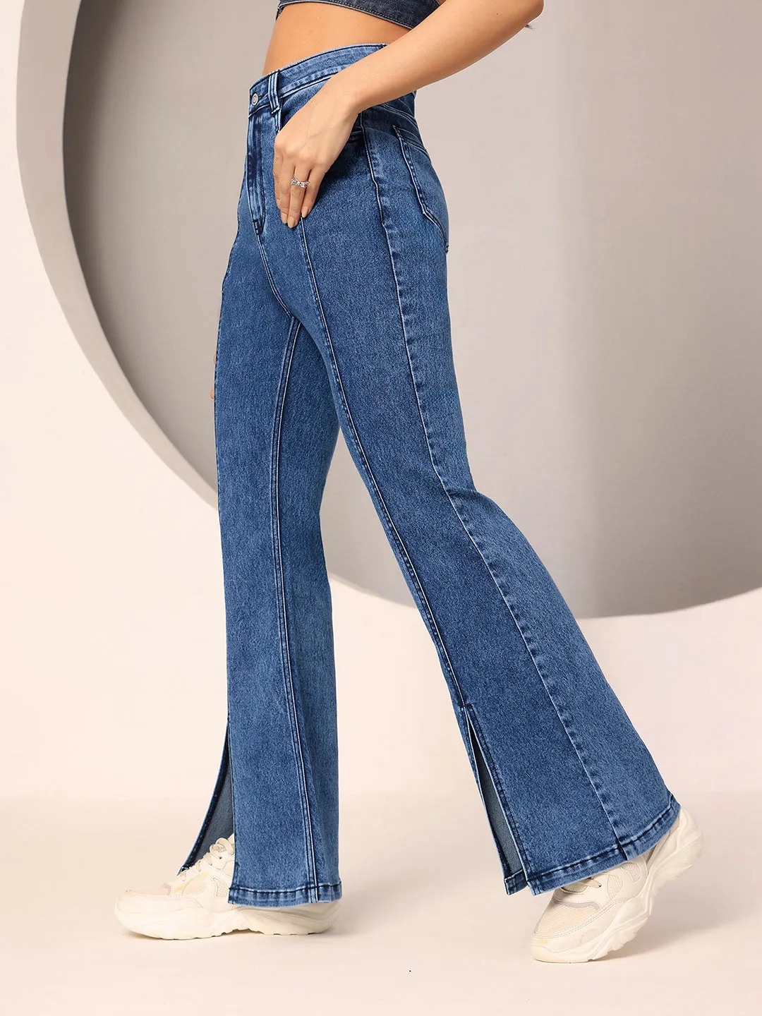 Women's Navy-Blue Bootcut High-Rise Clean-Look Regular-Length Stretchable Denim Bootcut Jeans