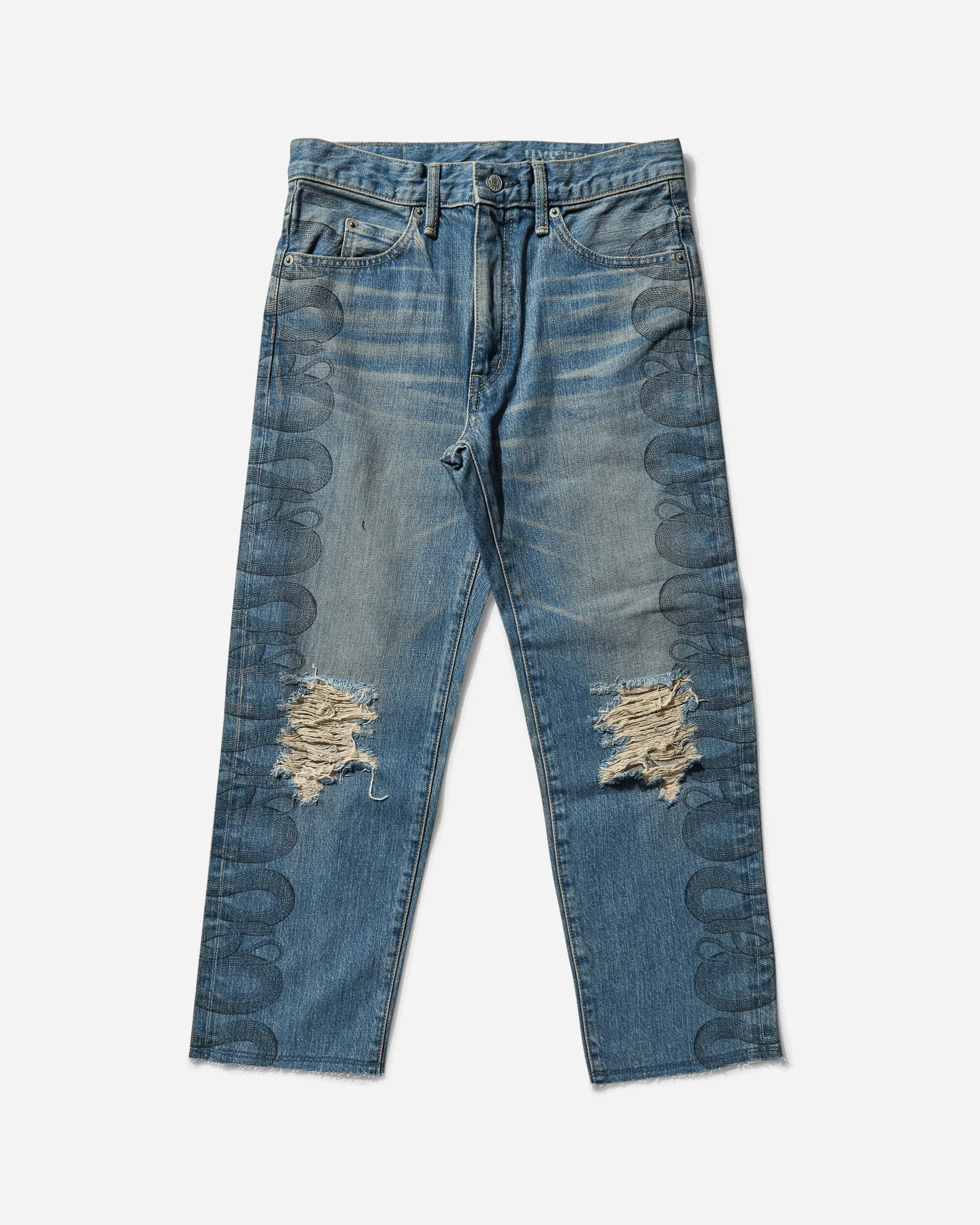 Women's Snake Loop Distressed Cropped Denim Pants Indigo