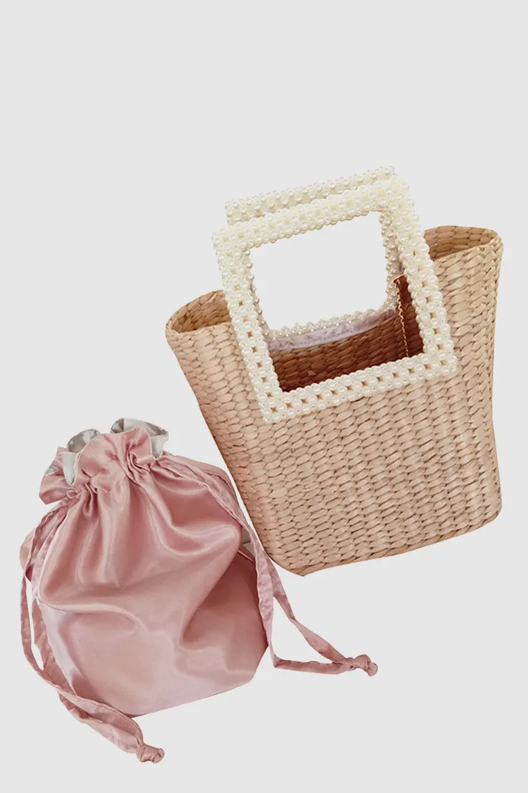 Women's Summer Straw Tote Basket Bag Open-top Bucket Handbag Pearl Embellishment Handles In Tan