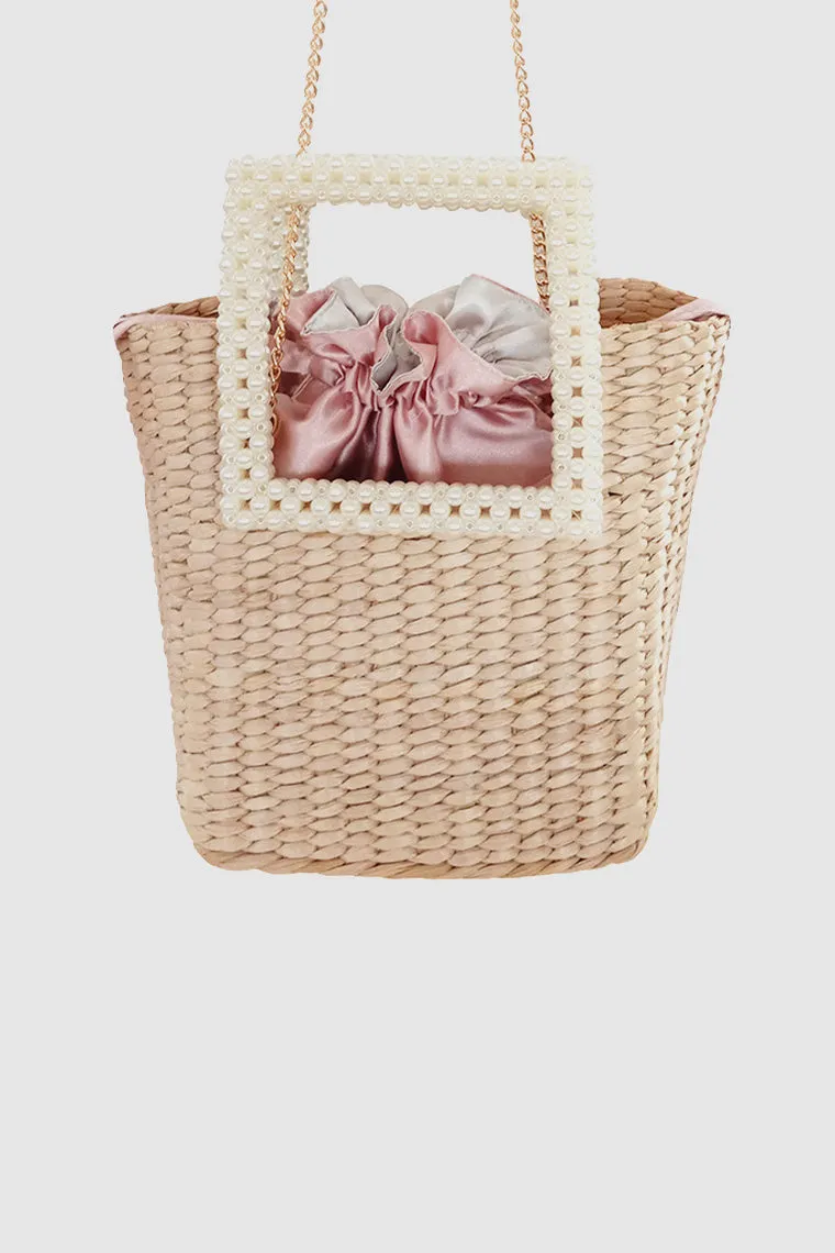 Women's Summer Straw Tote Basket Bag Open-top Bucket Handbag Pearl Embellishment Handles In Tan