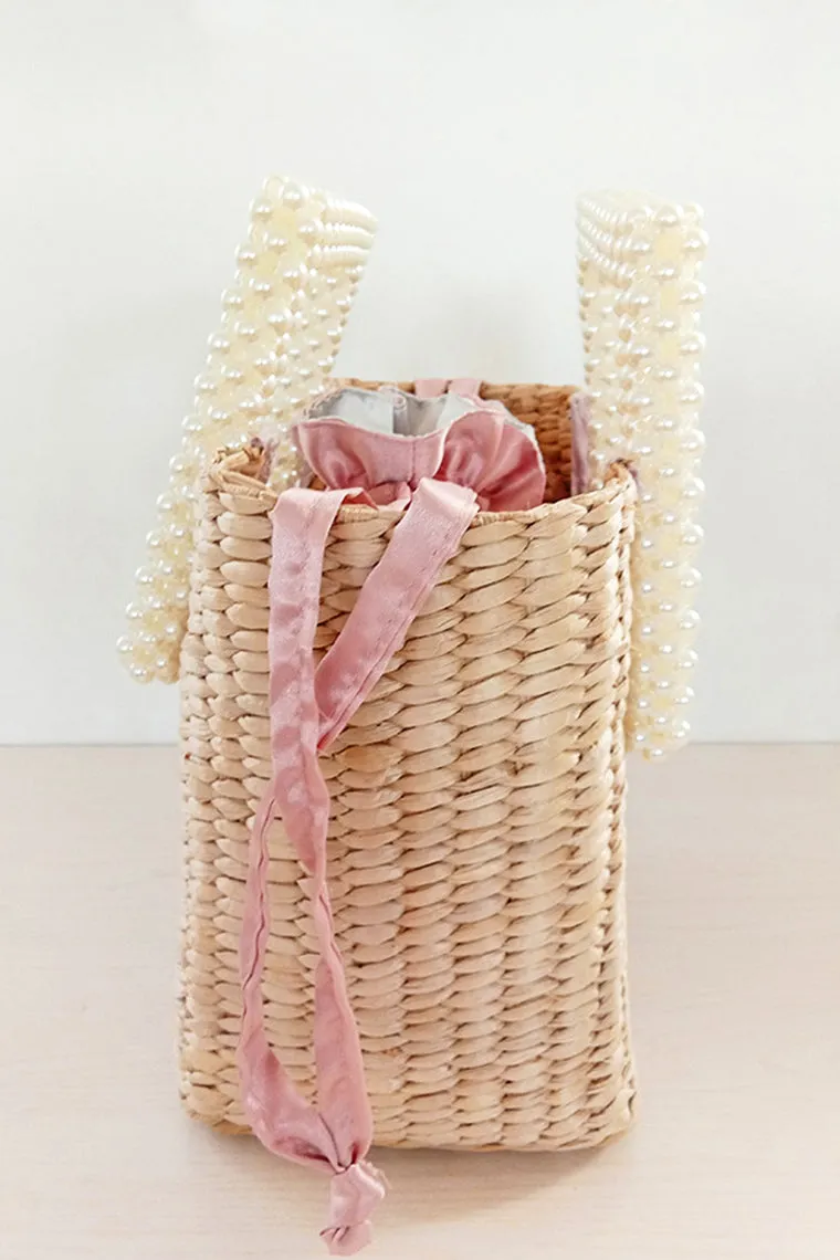Women's Summer Straw Tote Basket Bag Open-top Bucket Handbag Pearl Embellishment Handles In Tan